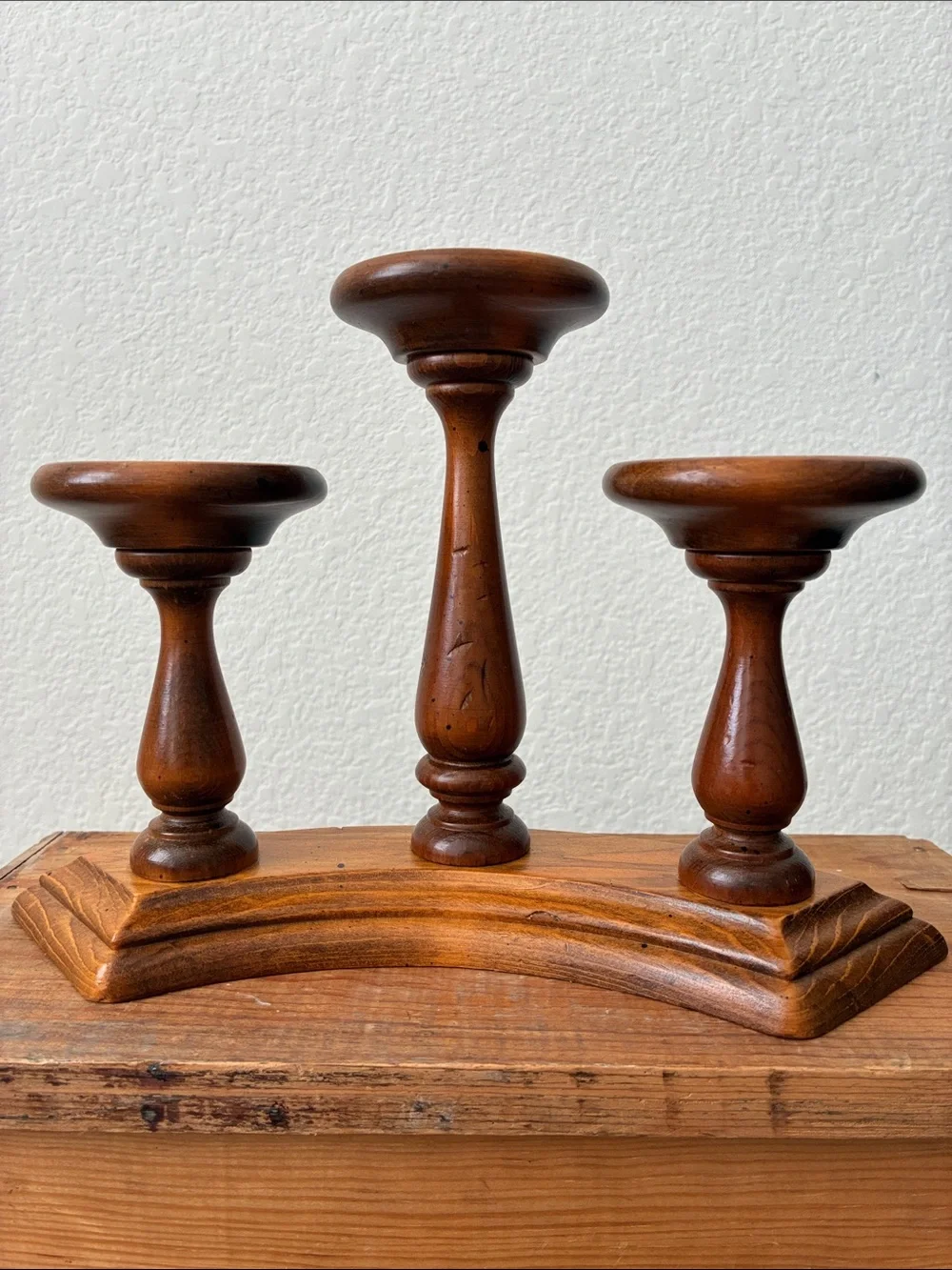 Vintage 70s 80s wooden three 3 candle holder candelabra boho cottagecore